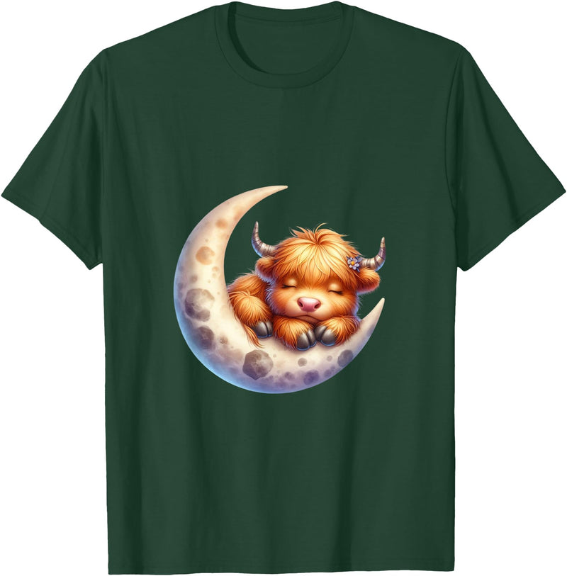 Cute Baby Highland Cow Sleeping on the Moon Heifer Farm T-Shirt - Dark Green