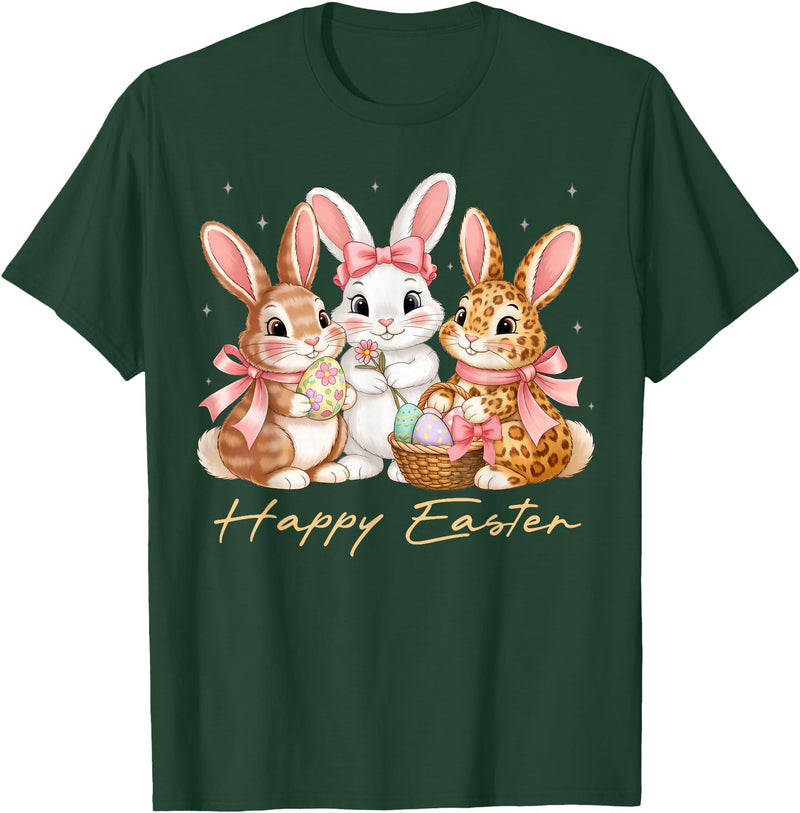 Happy Easter Women Girls Cute Bunny Rabbit Easter Day T-Shirt in Dark Green