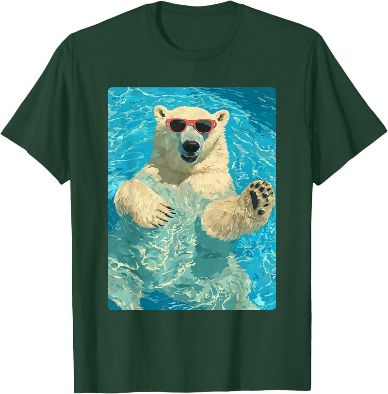 Pool Party Summer Animals Designs Funny Polar Bear with Sunglasses Summer Animal Swimming T-Shirt - Dark Green