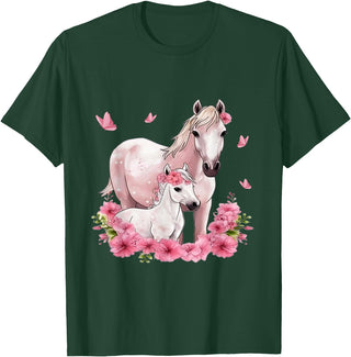 Horse Foal Butterfly Girl Flowers Horseback Riding Horse with Foal - Flowers and Butterflies T-Shirt - Dark Green