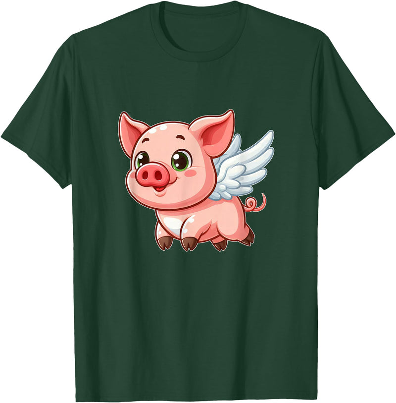 Cute Cartoon Pig Angel with Wings Halo Farmer T-Shirt - Dark Green