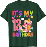 13th Birthday Pig Gift For Boys Girls 13 Years Old Birthday Pig Theme Party It's My 13th Birthday T-Shirt - Dark Green