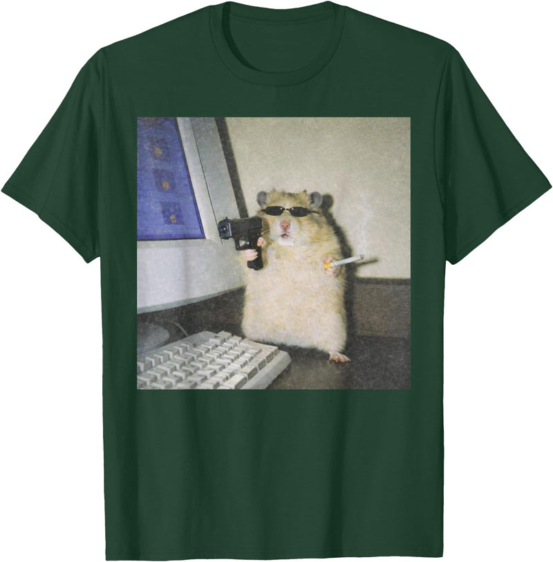Cyber Hamster Meme Cringe Funny Animal Vintage Graphic Tee T-Shirt - Dark Green