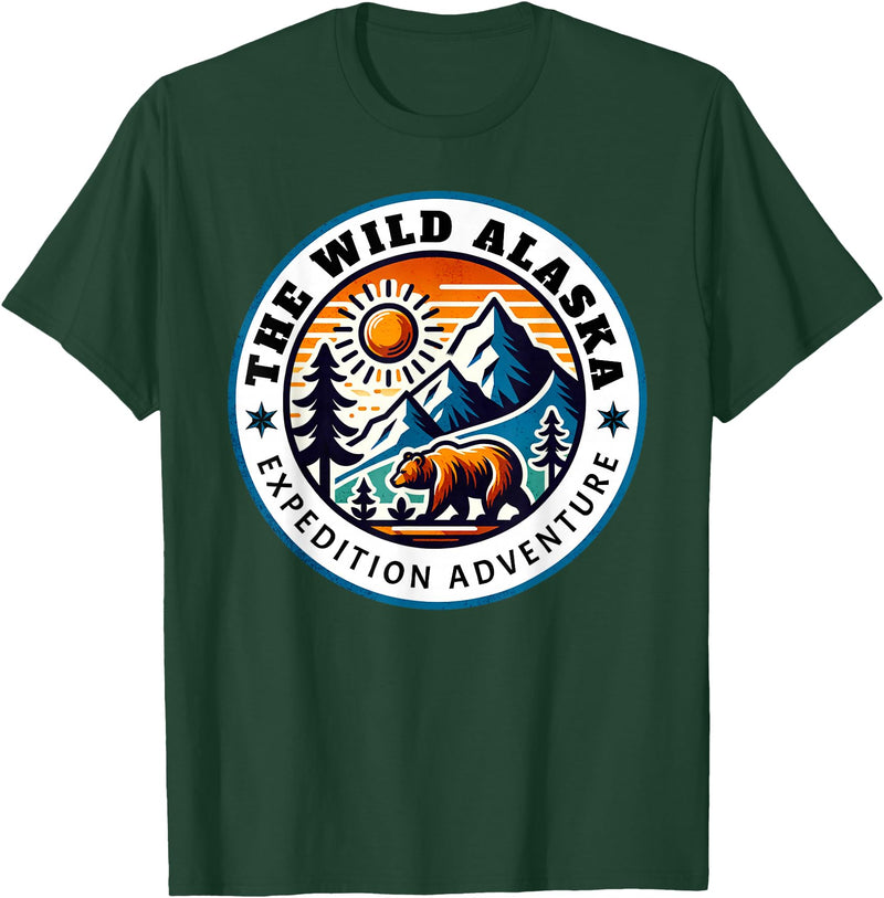Hiking Glacier Bear and Alaska Frontier Apparel Glacier Mountain Landscape and Alaskan Bear Wildlife T-Shirt - Dark Green