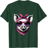 Fashionable Animals Wearing Pink Bandanas Pig Wearing A Pink Bandana Headband And Sunglasses T-Shirt - Dark Green