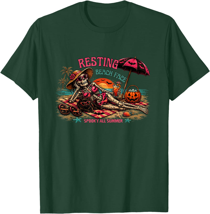 Spooky Summer Vibes retro summerween halloween Funny Skeleton Beach Halloween Resting Beach Face summerween T-Shirt - Dark