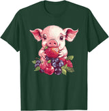 Cute Pig Eating Strawberries And Berries Fun Adorable Pig With Strawberries And Berries T-Shirt - Dark Green