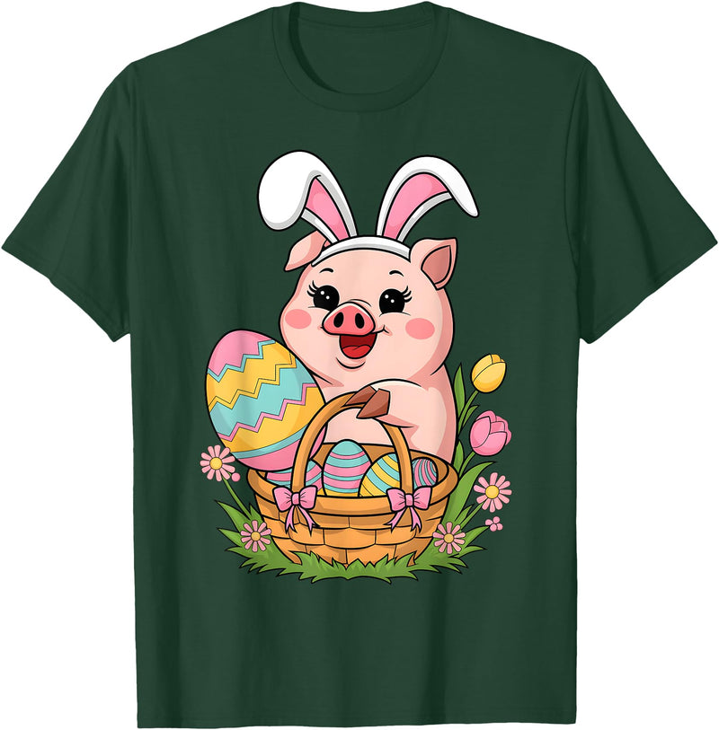 Happy Easter Pig Animal Happy Easter Women Girls Kids Easter Egg Basket Easter Pig T-Shirt - Dark Green