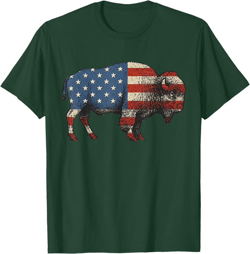 Bison American Buffalo Gifts & Apparel Stuff Bison USA American Flag Patriotic United States T-Shirt - Dark Green