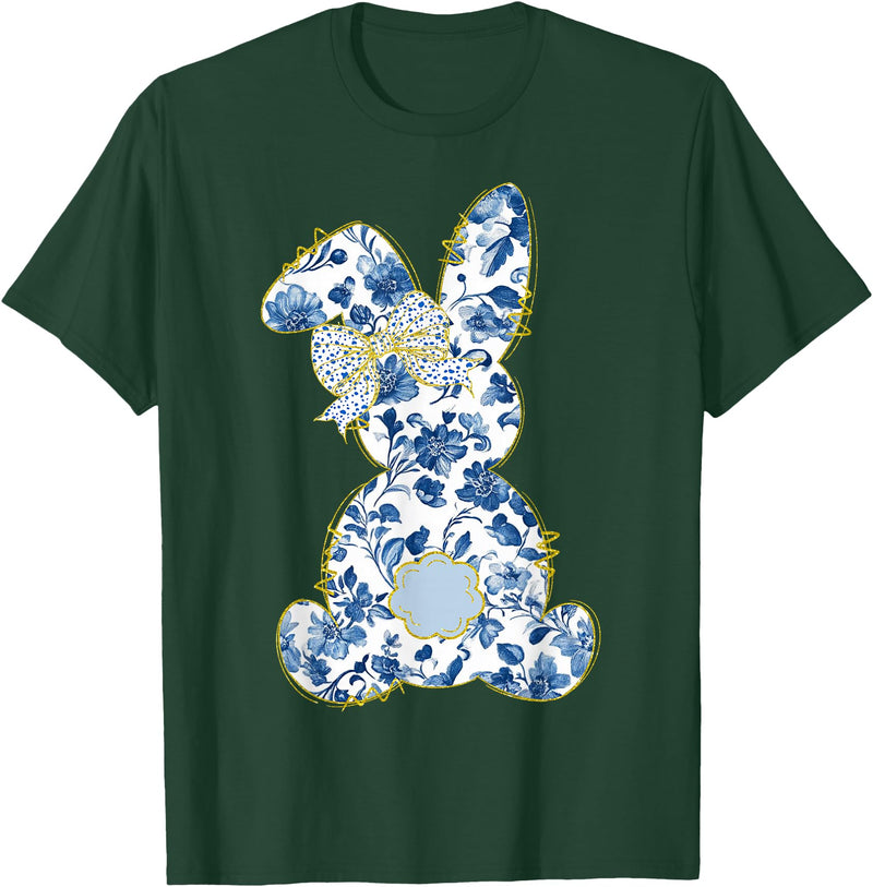 Cute Easter Toile Chinoiserie Blue Floral Bunny Coquette Bow T-Shirt in Dark Green