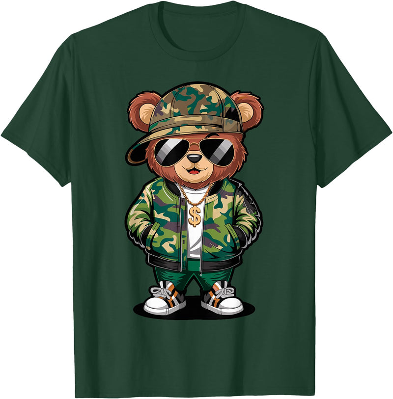Magical and Funny Teddy Bear Gifts Hip Hop Teddy Bear Camouflage Rap Music T-Shirt - Dark Green