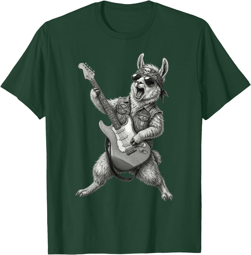 Rock Guitar Llama Stuff Accessories & Gifts Llama Playing Guitar Rock & Roll Llamas Alpaca Rocker Music T-Shirt - Dark Green