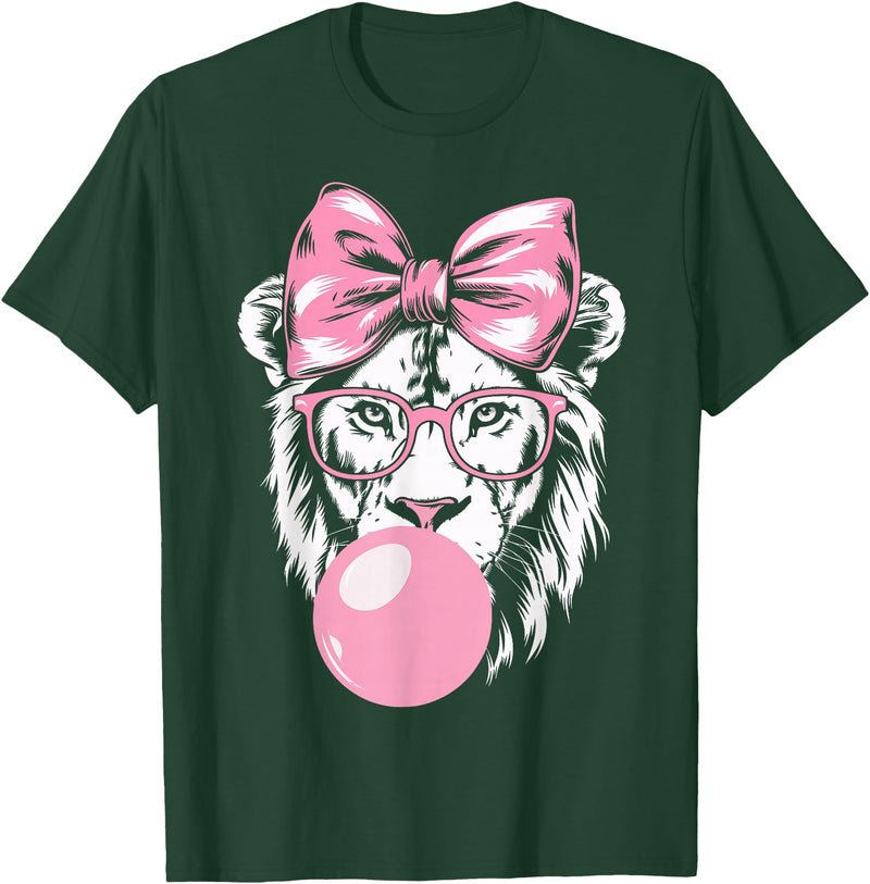 Lion Bubblegum Lion Wearing Glasses and Blowing Pink Bubble Gum T-Shirt - Dark Green