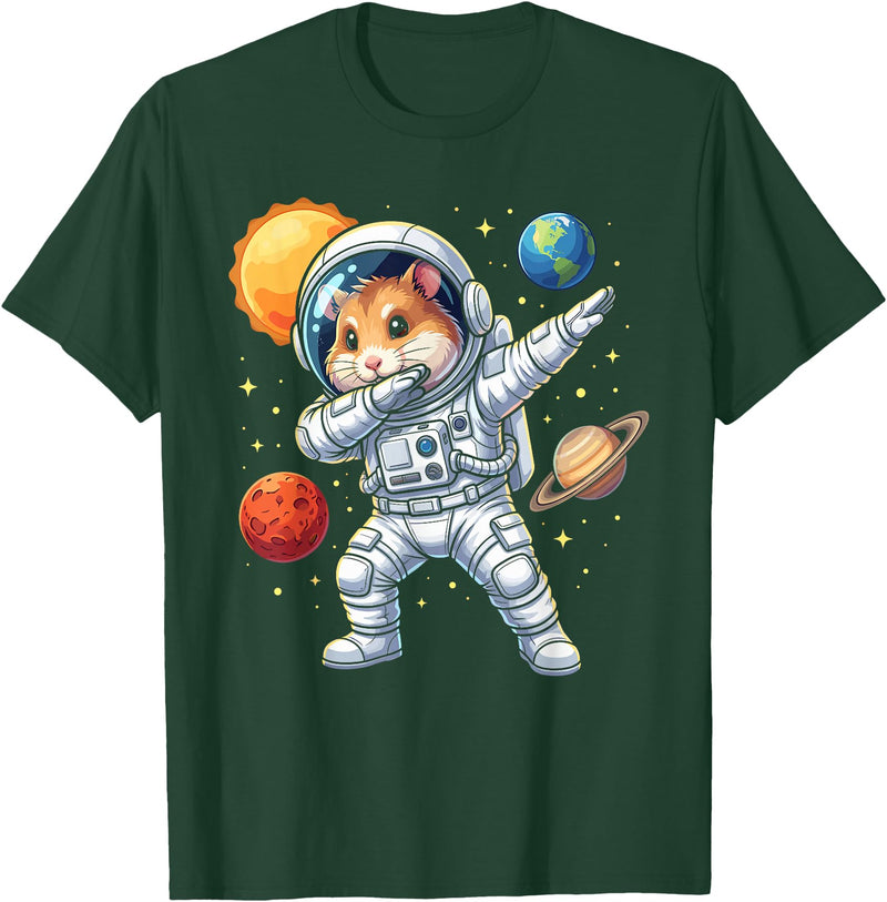 Hamster Astronaut Dabbing Funny Space Animal for Kids T-Shirt - Dark Green