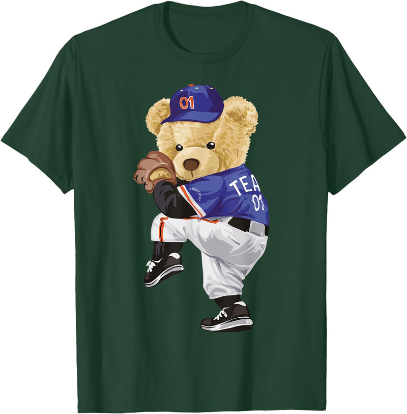 BERSLL Cute Teddy Bear Baseball Jug Sweatshirt T-Shirt - Dark Green