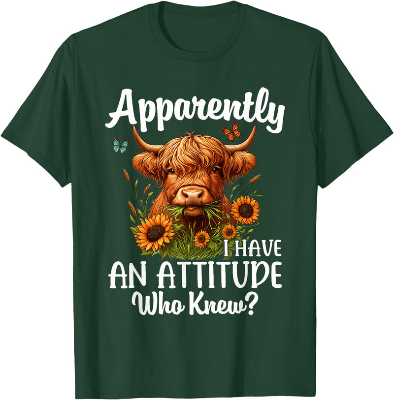 Sarcastic Humor Highland Cow Farm Cow Girls Women Apparently I Have An Attitude Who Knew Sarcasm Highland Cow T-Shirt - Dark