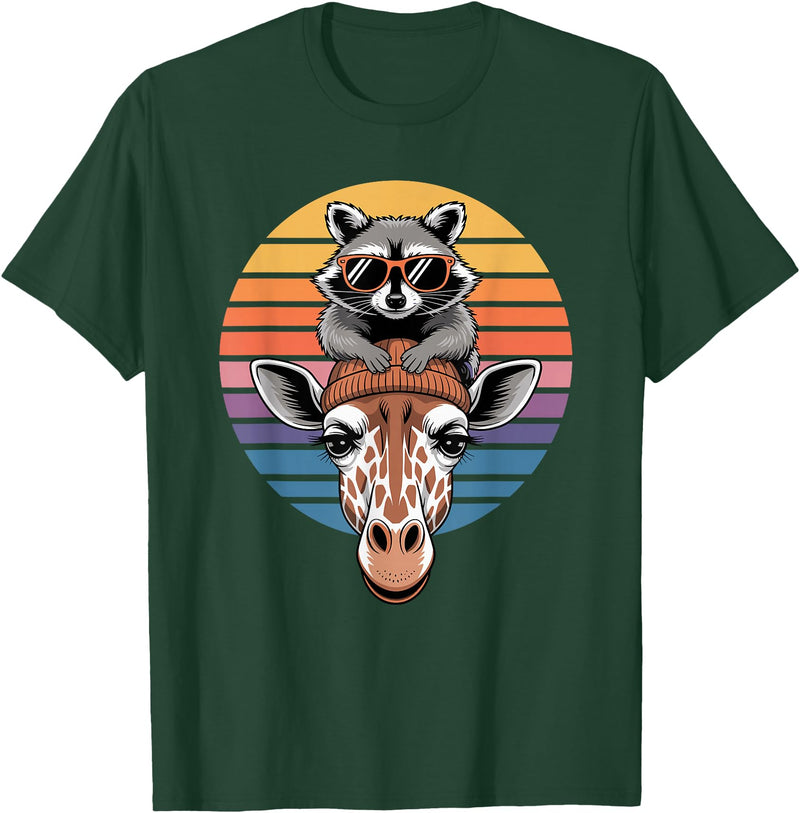 Giraffes Gift For A Giraffe Lover Retro Sunset Giraffe Raccoon Giraffes T-Shirt - Dark Green