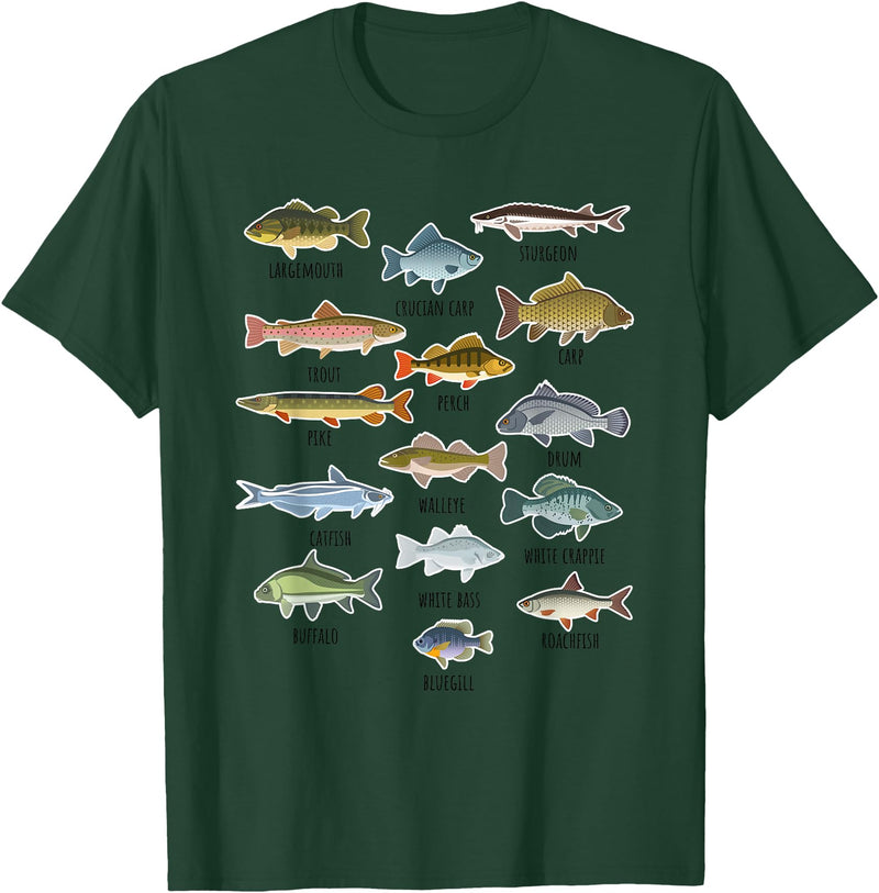 NABZR Angeln Geschenke & T-Shirts Types of Freshwater Fish Fishing T-Shirt - Dark Green