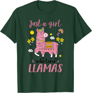 Llama Shirt Kids Girls Toddler Just A Girl Who Loves Llamas T-Shirt - Dark Green