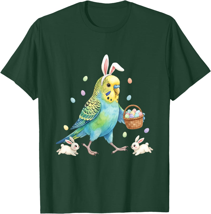 Cute Easter Bunny Rabbit with Eggs Whimsical Parakeet Design T-Shirt in Dark Green