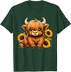 Cute Scottish Highland Cow Sunflower Highland Cow Farm T-Shirt - Dark Green
