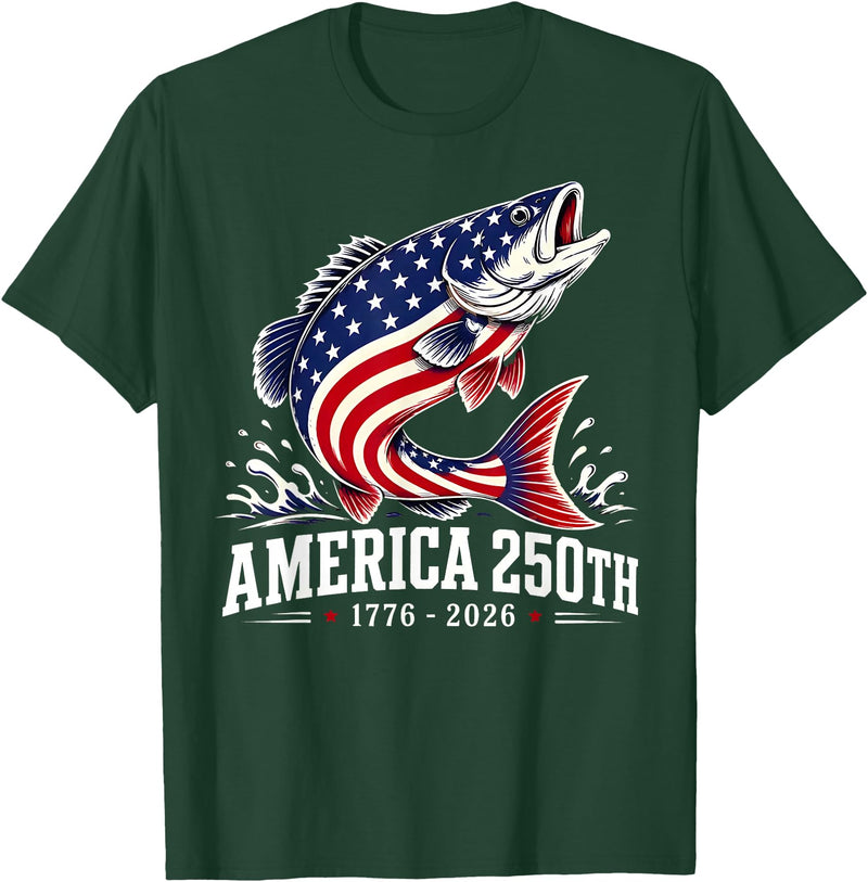 250 America Years 1776 2026 Fishing USA Flag Patriotic Leaping Salmon American Flag Fishing 4th of July T-Shirt - Dark Green