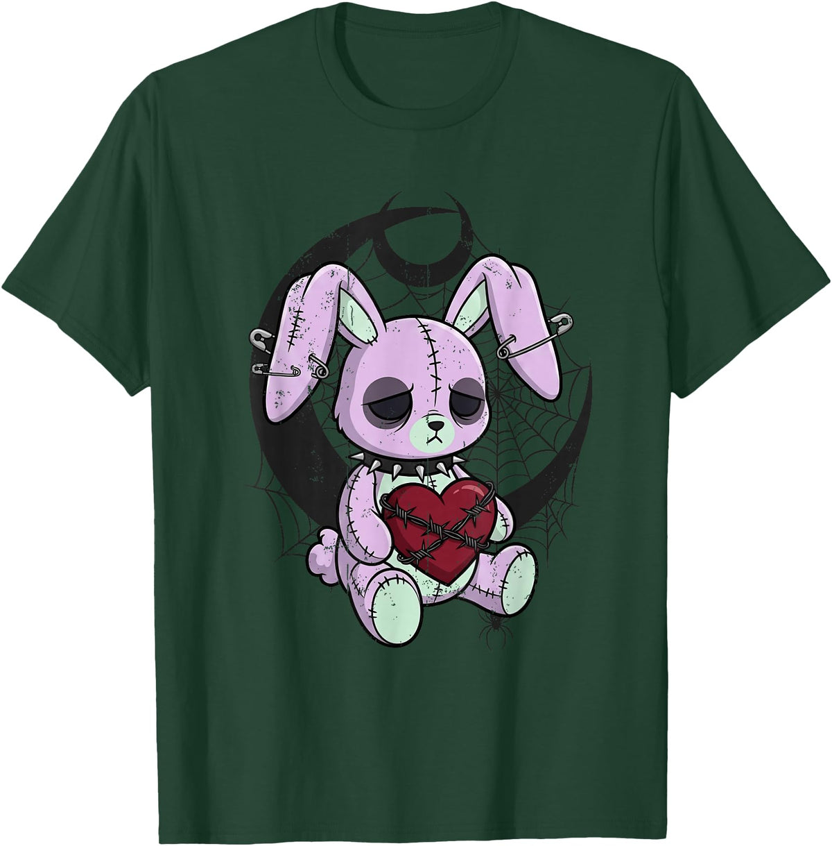 Creepy Cute Bunny Goth Heart Spiderweb Alt Pastel Rabbit T-Shirt in Dark Green