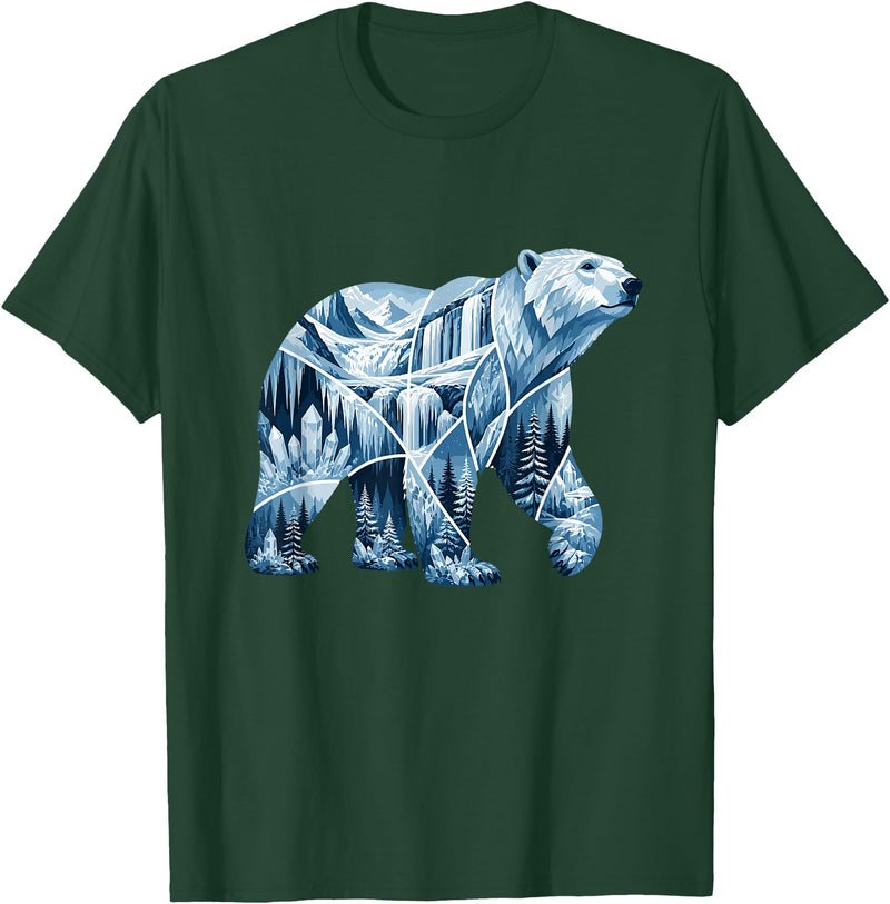 Arctic Polar Bear Mountain Waterfall Nature Arctic Polar Bear Forest Waterfall Landscape T-Shirt - Dark Green