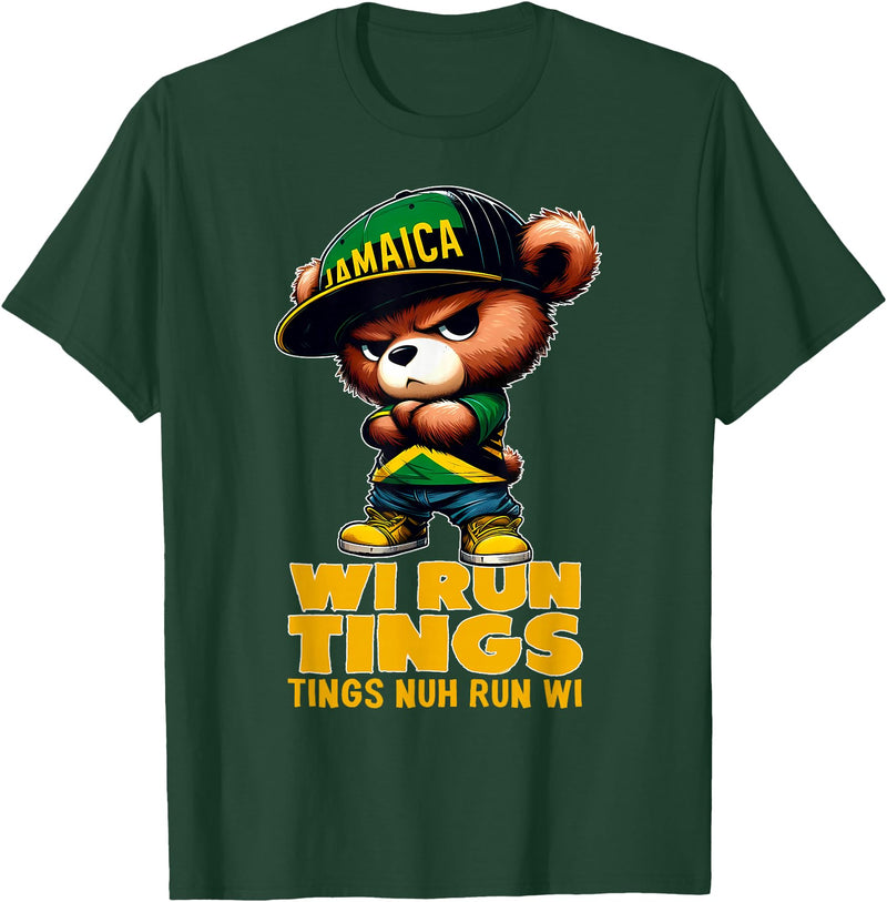 Jamaican Gifts for proud Jamaican Men, Women, Kids WI RUN TINGS Teddy Bear Jamaica Flag Shirt Jamaican Clothing T-Shirt - Dark Green