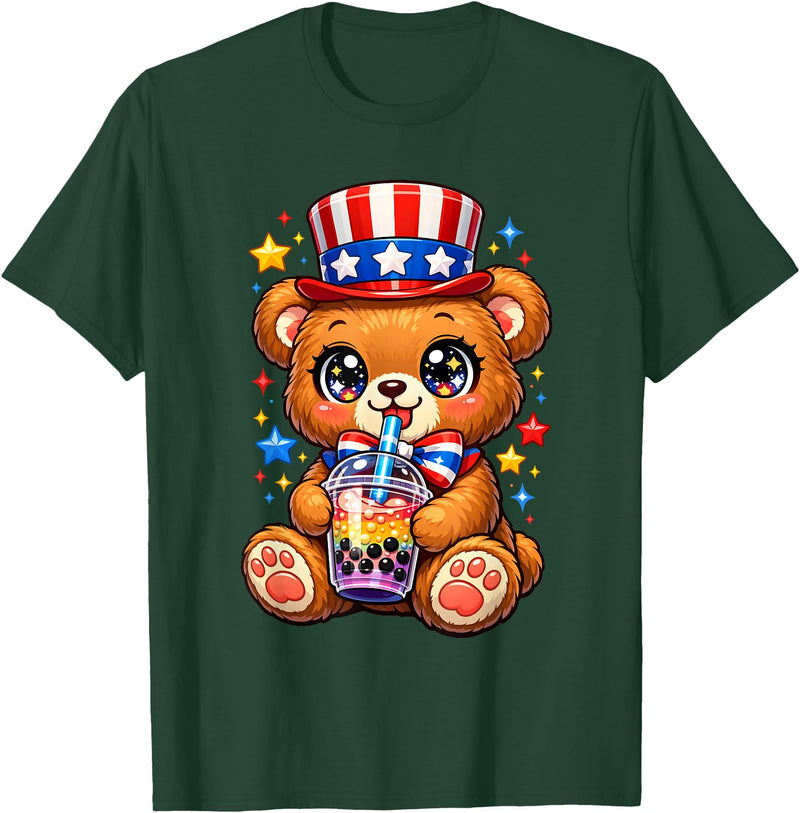Kawaii Red White and Blue Fourth July Little Kids Cute Teddy Bear Patriotic 4th July Gift Bubble Boba Tea USA T-Shirt - Dark Green