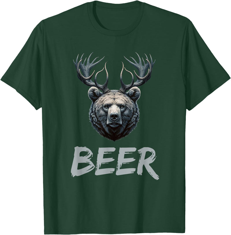 Bear With Antlers Drinker Party Deer Beer Beer Bear Deer Grizzly Bear With Antlers Beer T-Shirt - Dark Green