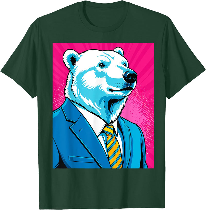 Pop Art Graphic Designs Co. Pop Art Polar Bear in Business Suit T-Shirt - Dark Green