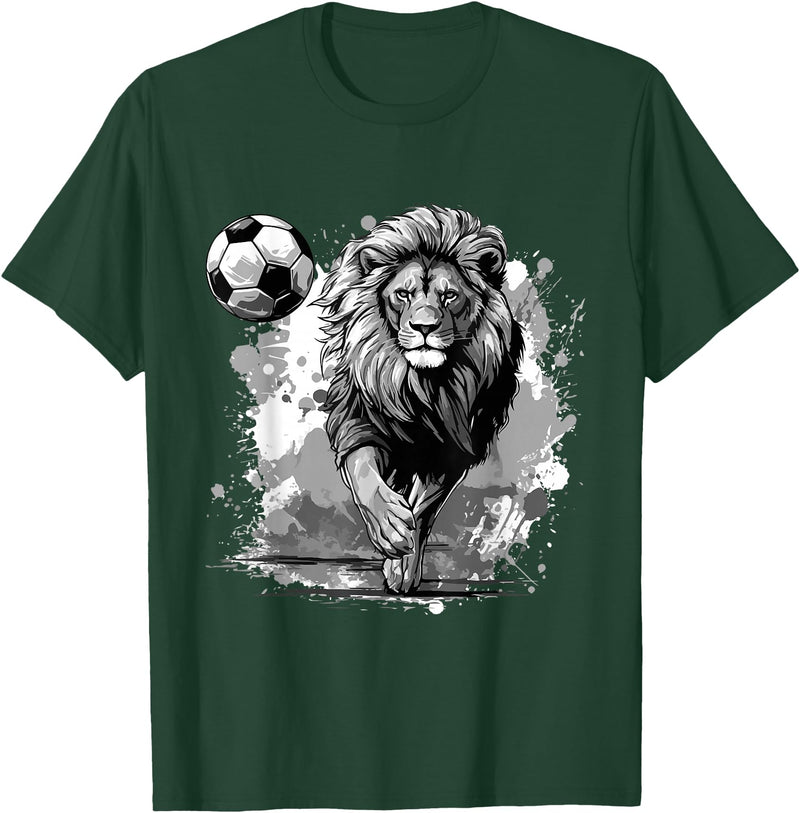 Passion For Sports Style Lion Playing Soccer Sports Team Animal T-Shirt - Dark Green