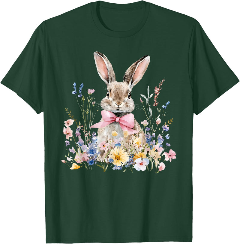 Funny Bunny Wildflower Rabbit Eggs Happy Easter Retro Trendy T-Shirt in Dark Green