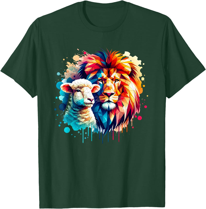 Christian Clothing Lion And Lamb Christian Art Lion And Lamb Geometric Christian Clothing T-Shirt - Dark Green