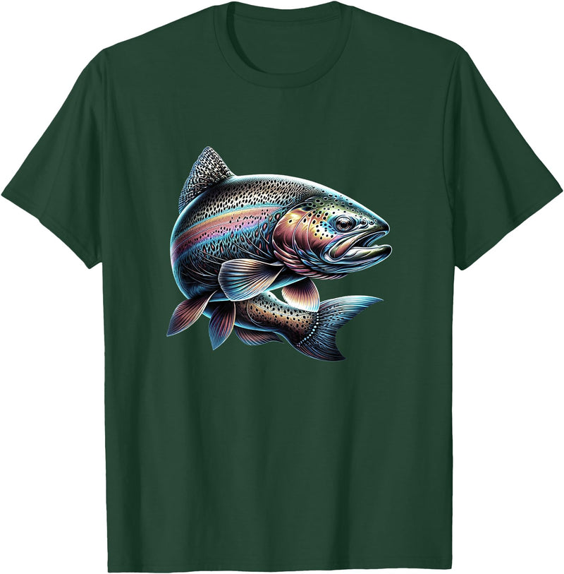 Steelhead Fishing - Unisex Adults & Kids Fishing T-Shirt - Black - Small - Short Sleeve - Cotton & Polyester - Modern Fish Graphic - Crew Neck - Regular Fit - Pull On - Imported - Dark Green