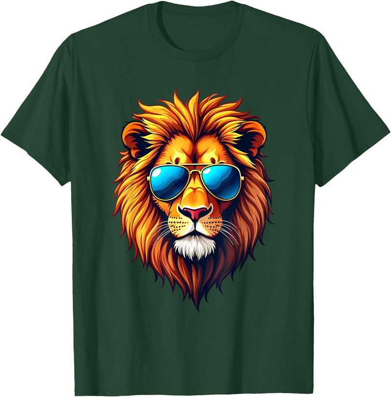 DeBlu Lion Lion Wearing Sunglasses Colorful Artwork Graphic T-Shirt - Dark Green