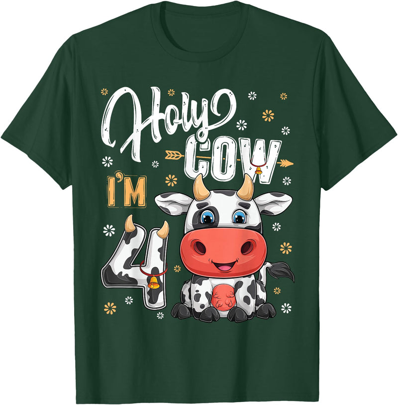 Holy Cow Birthday Boy Girl Shirts Farm Animal Gift Holy Cow I'm Four 4 Year Old Cows Farm Theme 4th Birthday T-Shirt - Dark
