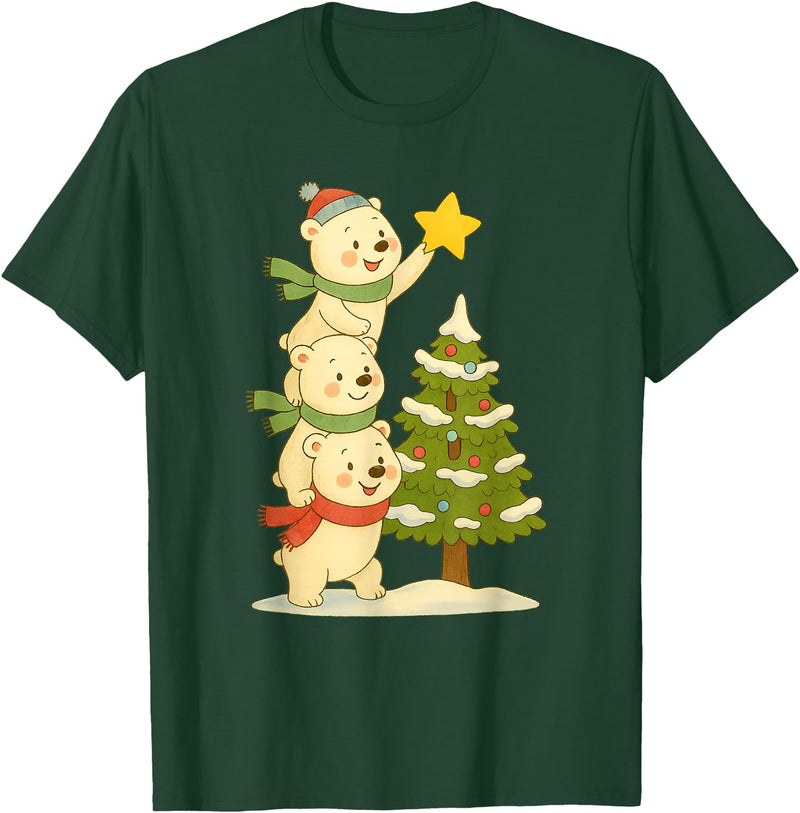 Cute Xmas Bear Cartoon for Kids and Family Cute Polar Bear Stacking Star on Tree Christmas T-Shirt - Dark Green