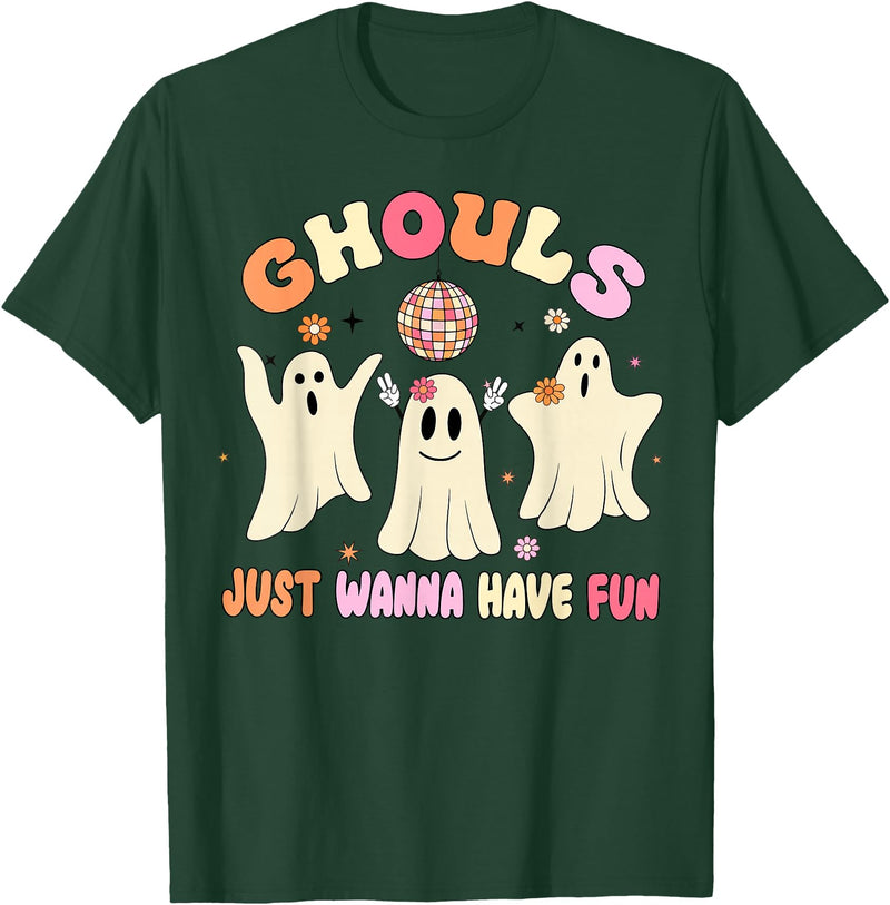 Groovy Ghosts Just Wanna Have Fun Funny Halloween T-Shirt - Dark Green