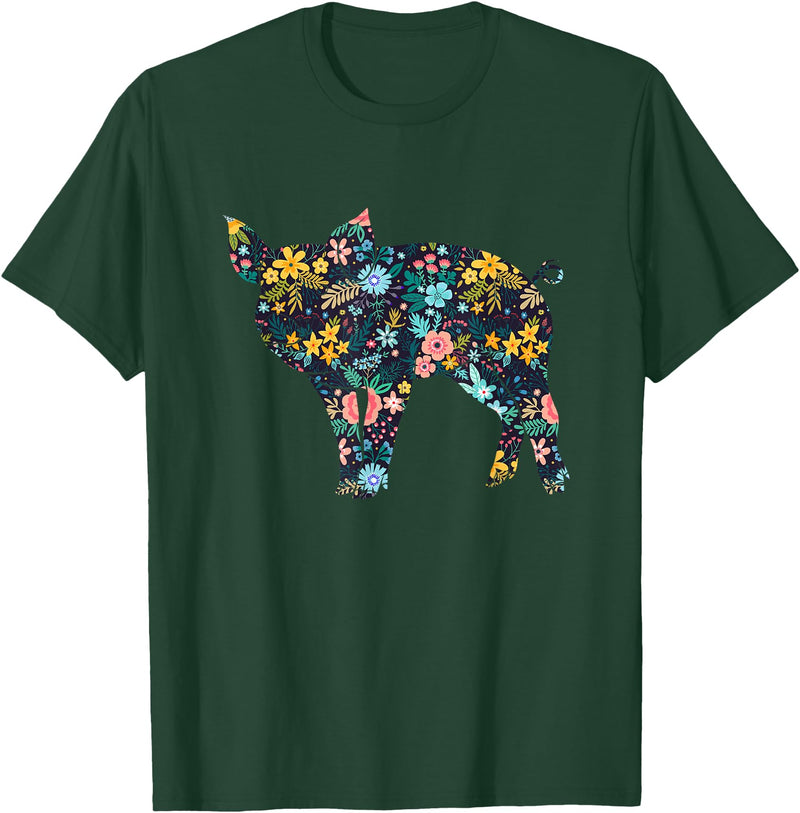 Animal Hog Floral Silhouette Pig Lover Floral Piglet Silhouette Womens Girls Graphic Pig T-Shirt - Dark Green