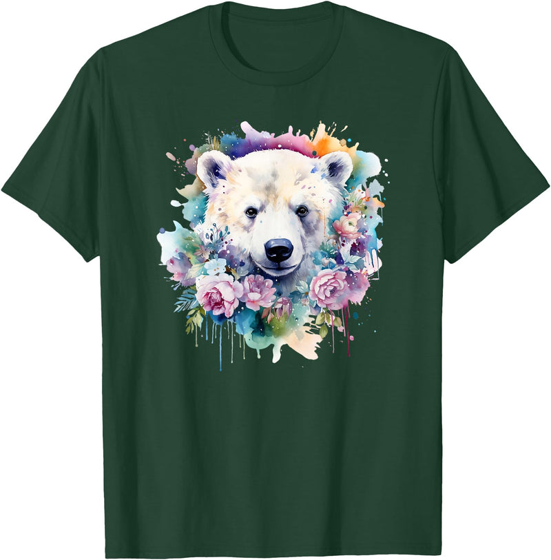 Colorful Polar Bear Kids Arctic Wildlife Painting Polar Bear Floral Watercolor Animal Cute Polar Bear Face T-Shirt - Dark Green