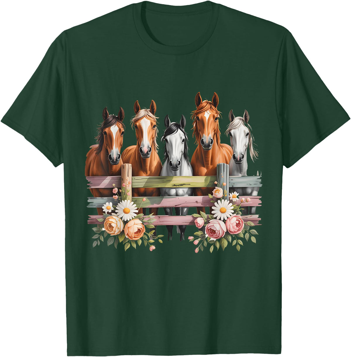HORSE LOVERS NOVELTY APPAREL Wild Floral Horses For Men Women Kids Horse Lover T-Shirt - Dark Green