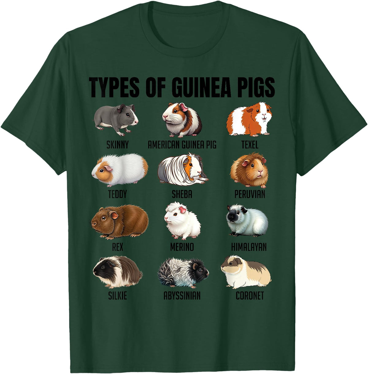 Educational Science Ideas Types of Guinea Pigs Educational Cavy Enthusiast Adults Kids T-Shirt - Dark Green