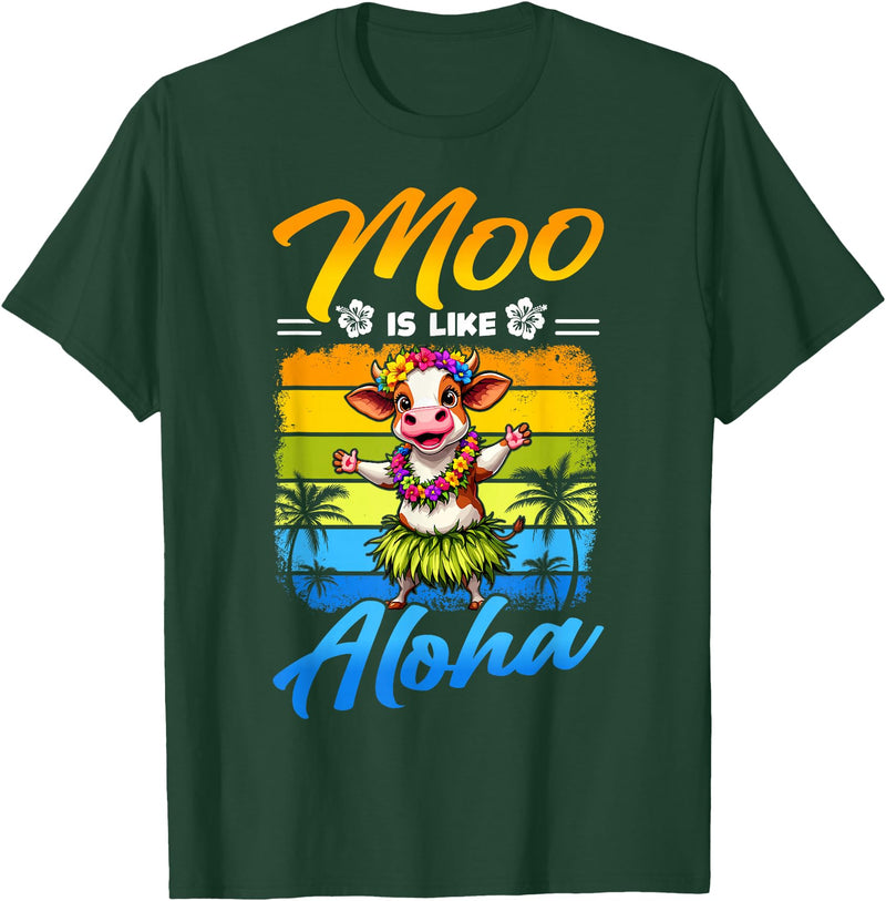 Aloha Animal Hawaii Flower Chain Hula Dance Art Hawaii Animal Haku Lei Grass Skirt Hula Dance Aloha Cow T-Shirt - Dark Green
