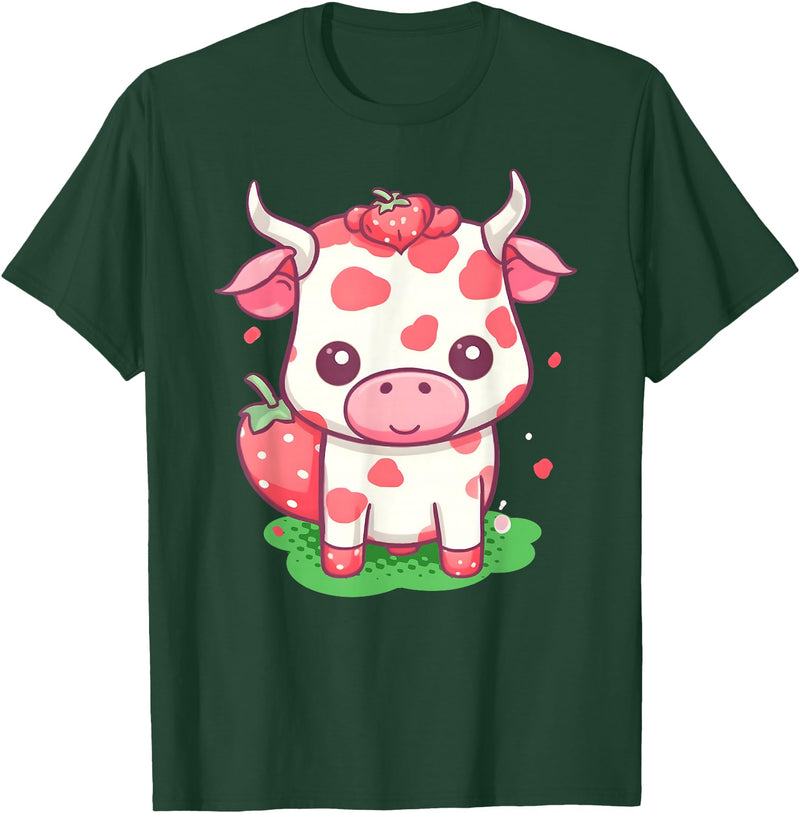 Strawberries Cow Baby Animal Kids Cute Apparel Cow Strawberry Cute Kawaii Pink Pastel Strawberry Milk Farm T-Shirt - Dark