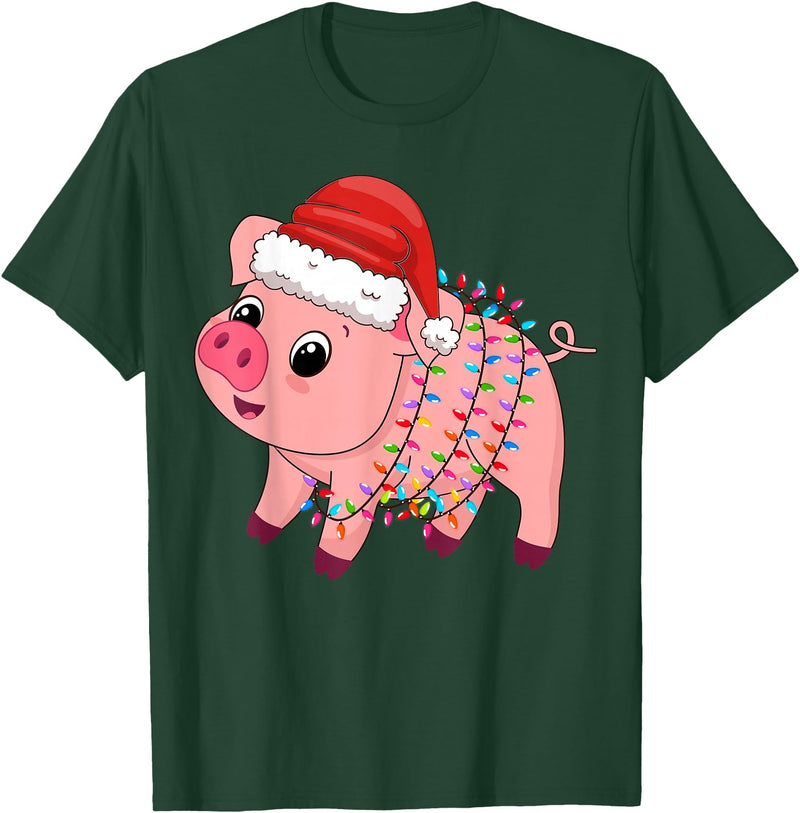 Pig Christmas Gifts Men Women Kids Co. Christmas Lights Pig Wearing Xmas Hat - Pig Lover Farmer T-Shirt - Dark Green