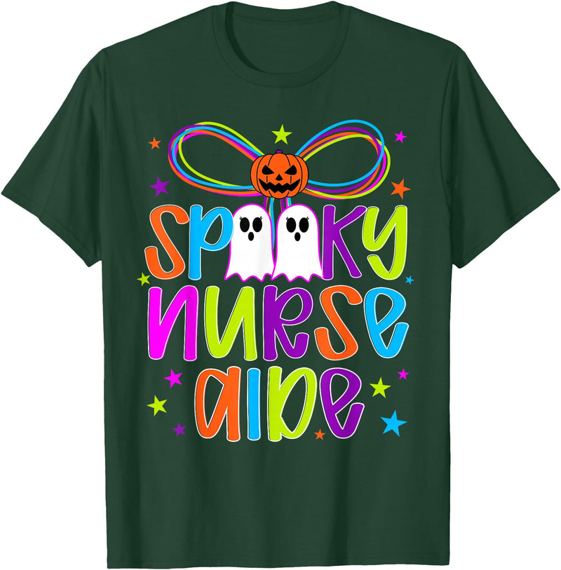 Coquette Halloween Nurse Aide Ghost Spooky Nurse Aide Halloween Nursing Aide Preppy T-Shirt - Dark Green
