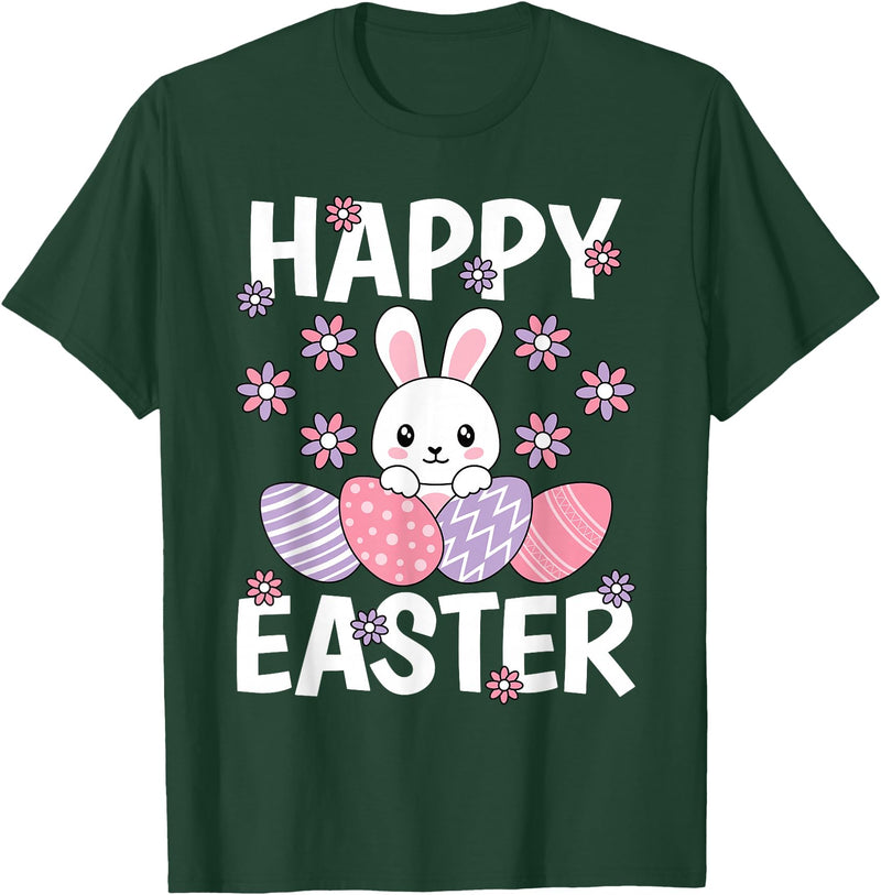 Cute Happy Easter Bunny Rabbit Egg Women Girls Kids T-Shirt in Dark Green
