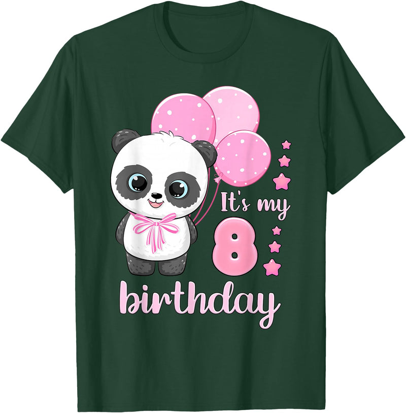 Birthday Gifts for Girls by Content Design Studio Birthday Girl 8 Panda Pink Balloons T-Shirt - Dark Green